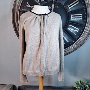 Les Copains Cardigan Velvet Trim Bow‎ Large Oatmeal Office Work Preppy Large